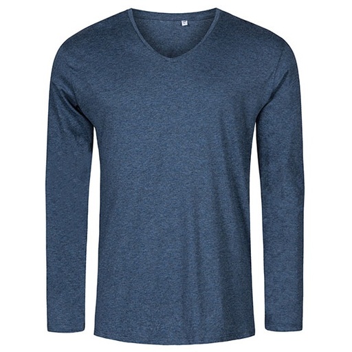 T-Shirt Meski Slim Bawelna Czesana Dlugi Rekaw V-Neck XO1460 - Heather Navy