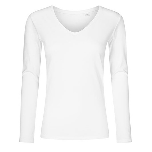 Damski T-shirt V-Neck Slim z Długim Rękawem XO1560 - White