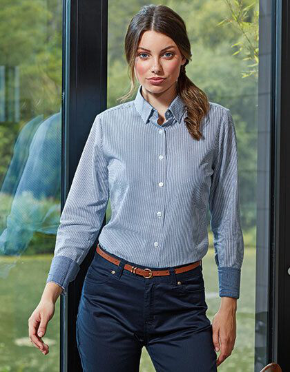 Women´s Cotton Rich Oxford Stripes Shirt Premier Workwear PR338