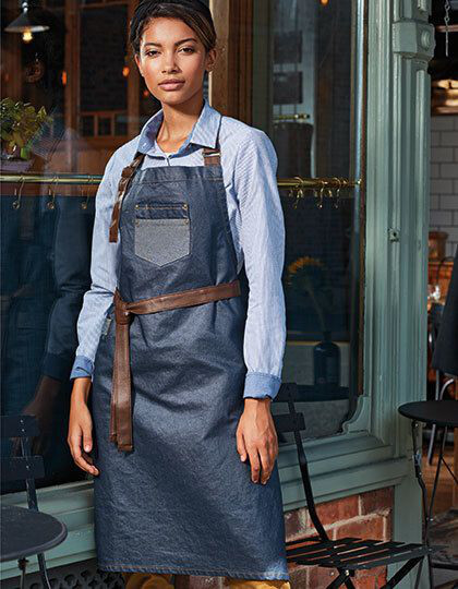 Division Waxed Look Denim Bib Apron With Faux Leather Premier Workwear PR136 - Fartuchy