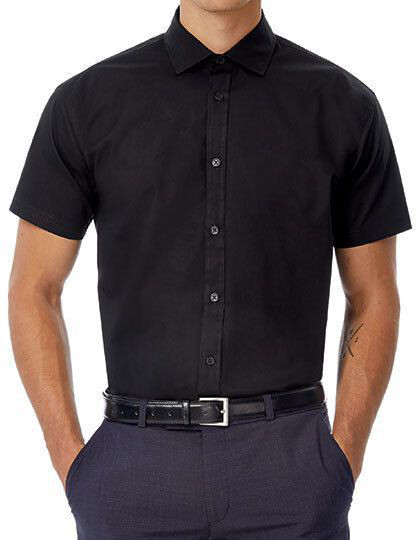 Poplin Shirt Black Tie Short Sleeve / Men B&C SMP22 - Z krótkim rękawem